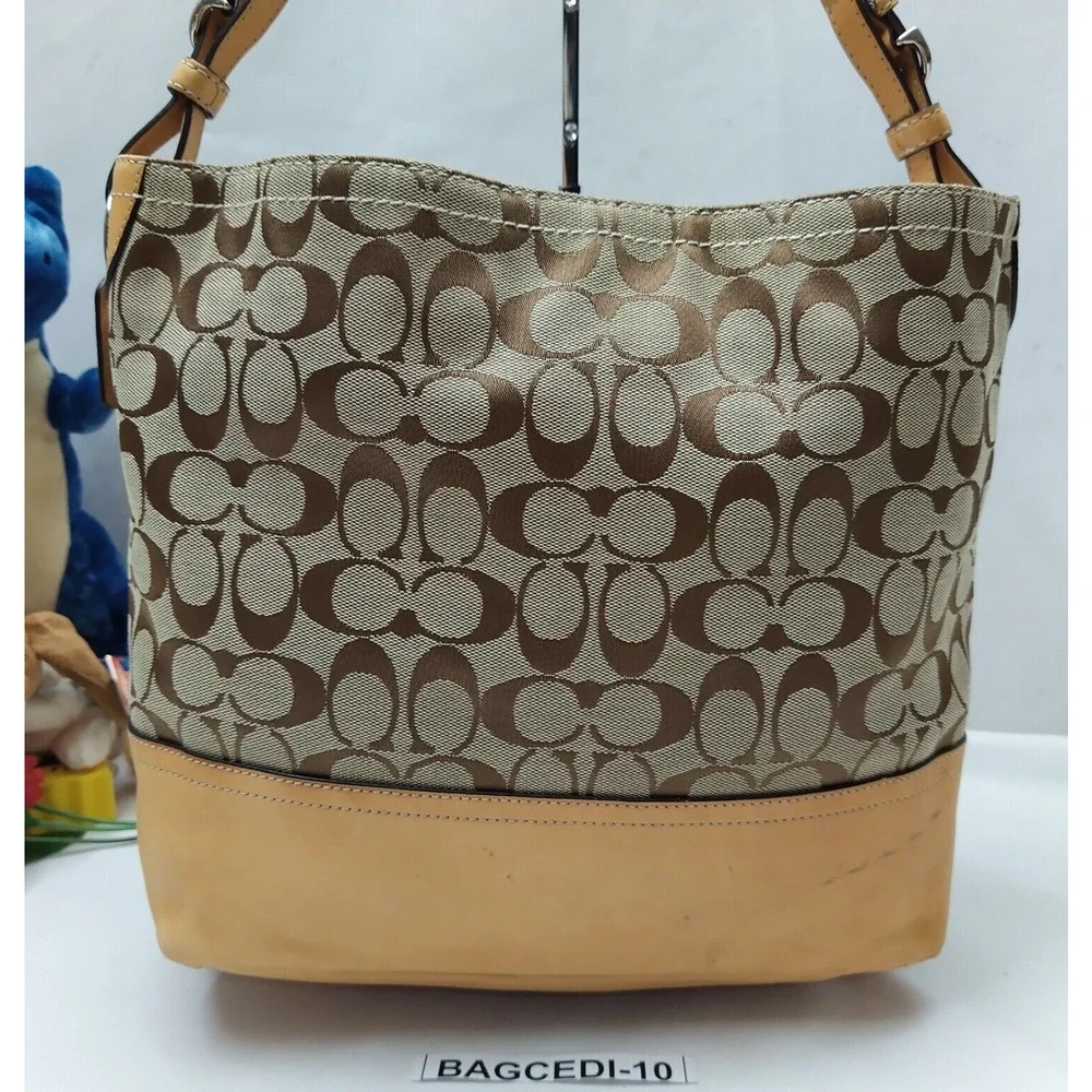 Coach Leatherware Signature Tan Brown Canvas Leather Trim Hobo Shoulder Bag